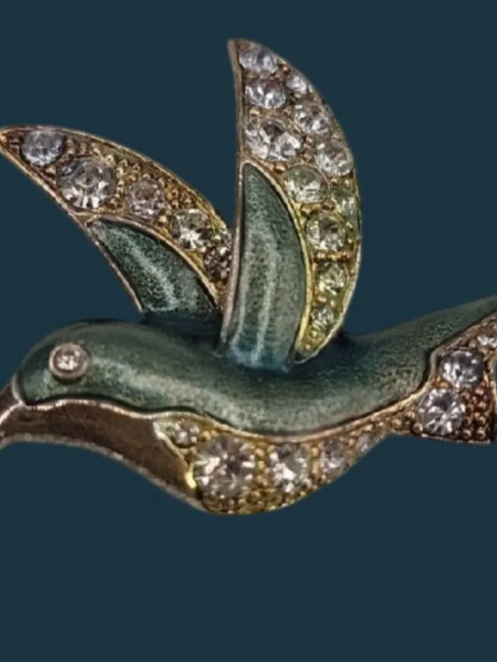 Vintage Liz Claiborne Hummingbird Brooch 1980s Green Enamel Pave Rhinestone